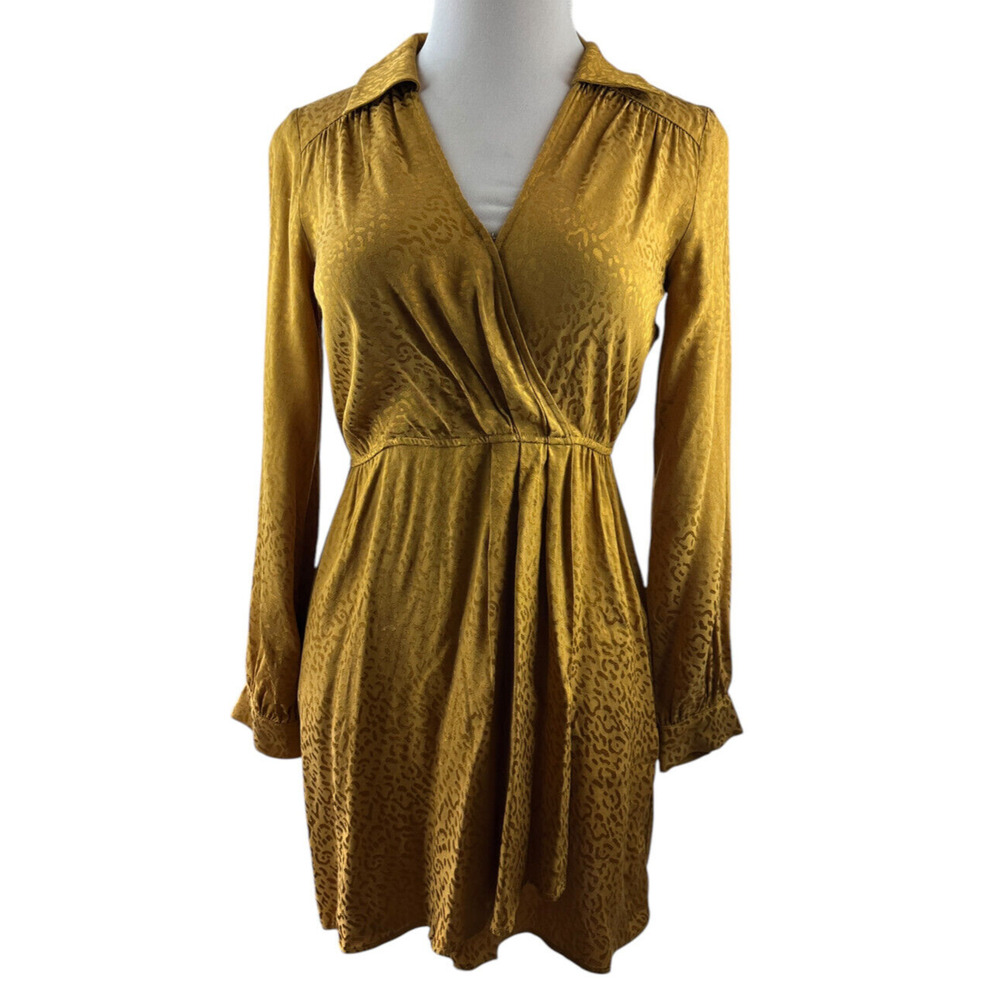 Anthropologie Long Sleeve Mini Dress Bronze Leopard Print Faux Wrap Size Small - Picture 2 of 16
